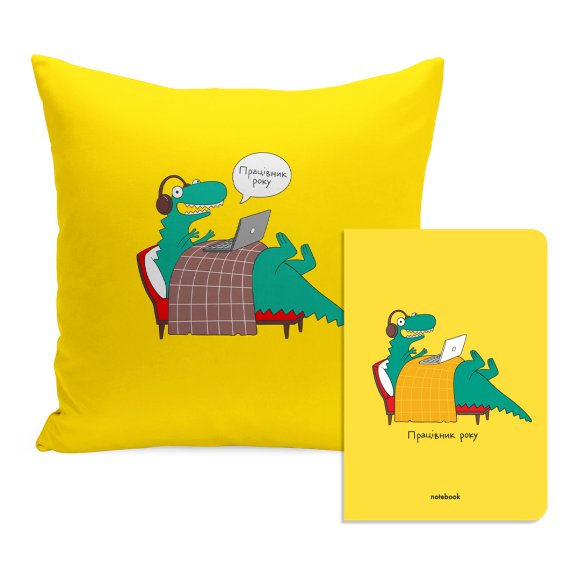 Набор подушка и блокнот в клетку «Рекс: Работник года»: Фото