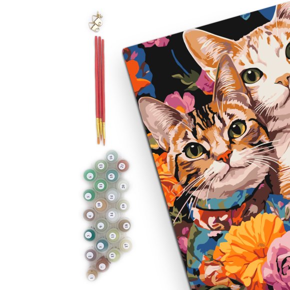 Painting by numbers "Cats with colorful flowers": Photo