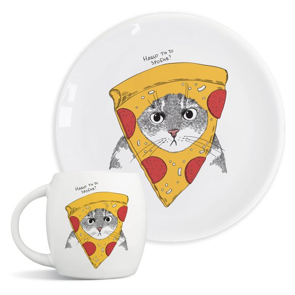 Тарелка и чашка «Кот в пицце»: Фото