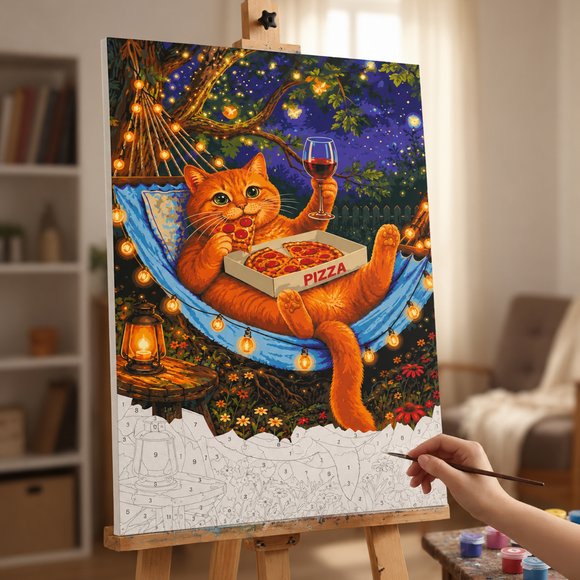 Paint by numbers "Cat with wine and pizza": Photo
