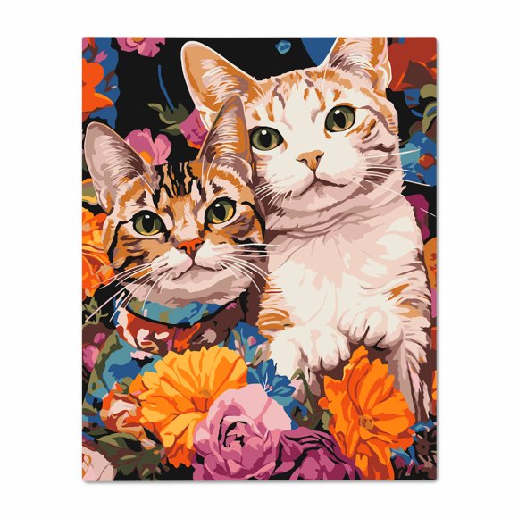 Painting by numbers "Cats with colorful flowers": Photo