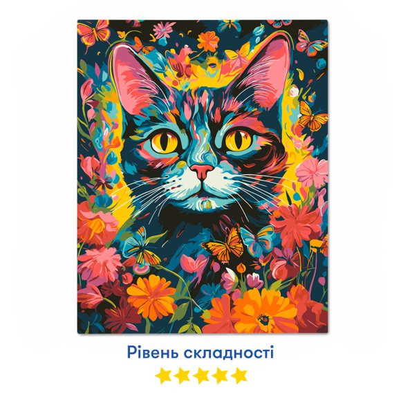 Картина за номерами «Кіт у барвистих квітах»: Фото