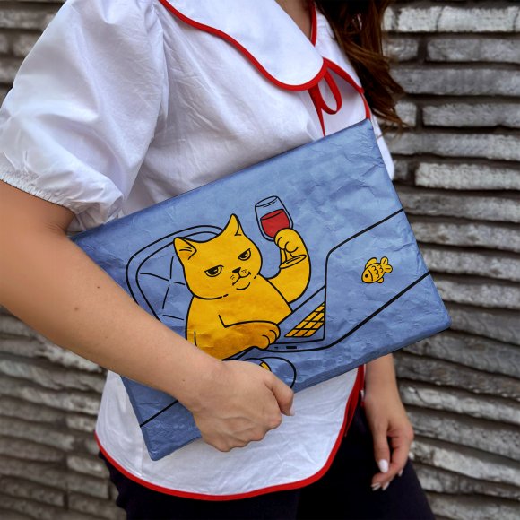 Чехол для ноутбука «Кот-работник года» сине-желтый: Фото