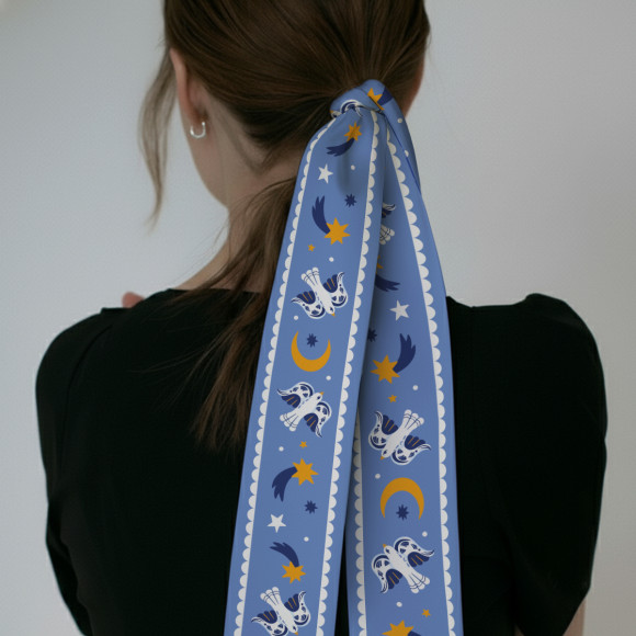  Платок твилли «Птицы на звездном небе» голубой: Фото - ORNER 